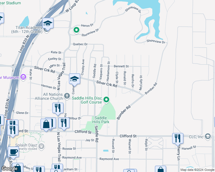 map of restaurants, bars, coffee shops, grocery stores, and more near 8301 Silver Creek Road in White Settlement