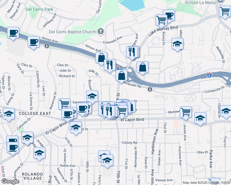 map of restaurants, bars, coffee shops, grocery stores, and more near 5126 70th Street in San Diego