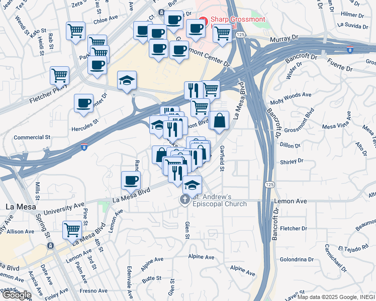 map of restaurants, bars, coffee shops, grocery stores, and more near 5111 Jackson Drive in La Mesa