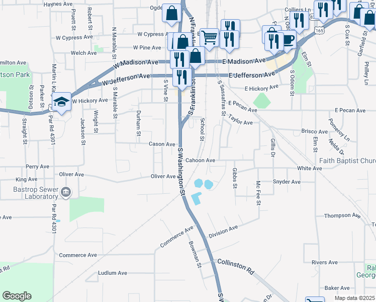 map of restaurants, bars, coffee shops, grocery stores, and more near 715 South Washington Street in Bastrop