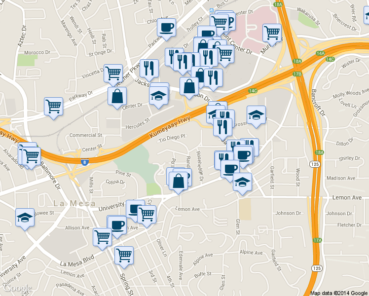 map of restaurants, bars, coffee shops, grocery stores, and more near 8551 Tia Maria Way in La Mesa