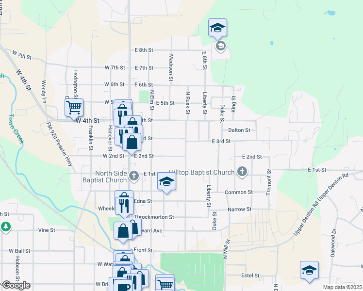map of restaurants, bars, coffee shops, grocery stores, and more near 1111 North Rusk Street in Weatherford