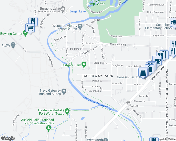 map of restaurants, bars, coffee shops, grocery stores, and more near 664 River Garden Drive in Fort Worth