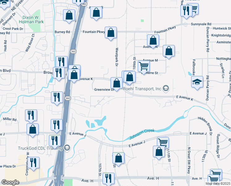 map of restaurants, bars, coffee shops, grocery stores, and more near 850 Greenview Drive in Grand Prairie