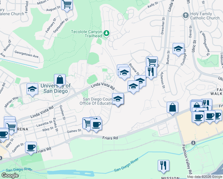 map of restaurants, bars, coffee shops, grocery stores, and more near 6386 Caminito Salado in San Diego