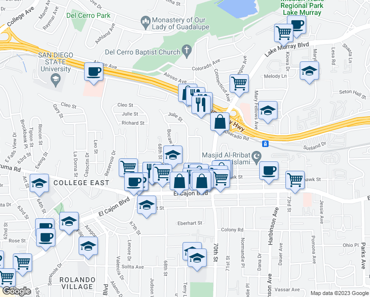 map of restaurants, bars, coffee shops, grocery stores, and more near 5150 69th Street in San Diego