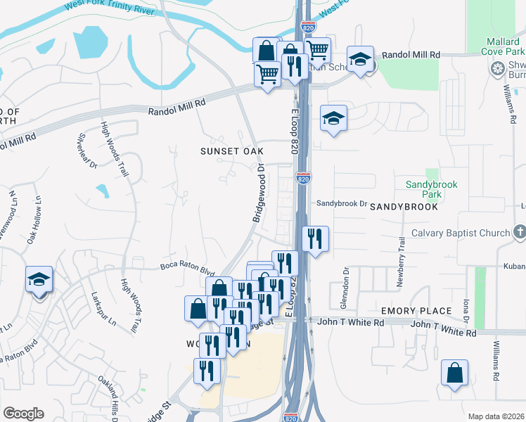 map of restaurants, bars, coffee shops, grocery stores, and more near 520 Signal Hill Court South in Fort Worth