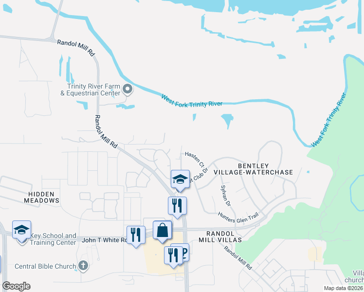 map of restaurants, bars, coffee shops, grocery stores, and more near 544 Waterchase Drive in Fort Worth