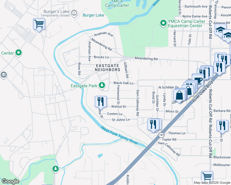 map of restaurants, bars, coffee shops, grocery stores, and more near 6105 Douglas St in Fort Worth