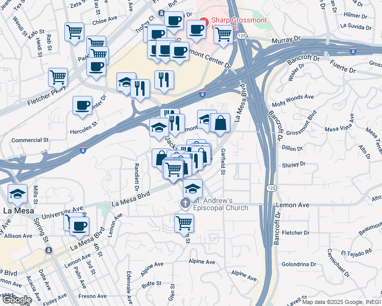 map of restaurants, bars, coffee shops, grocery stores, and more near 5111 Jackson Drive in La Mesa