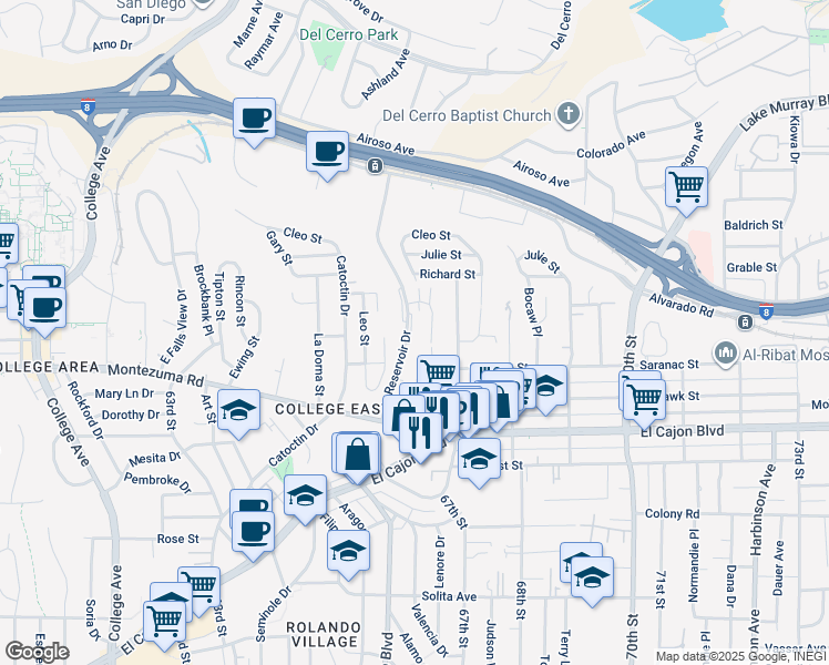 map of restaurants, bars, coffee shops, grocery stores, and more near 5275 Reservoir Drive in San Diego