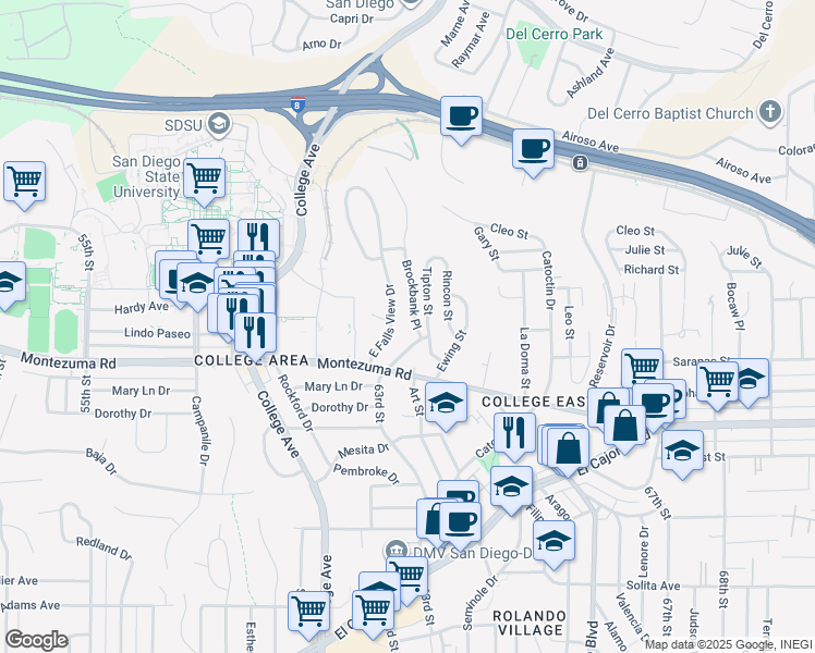map of restaurants, bars, coffee shops, grocery stores, and more near 5144 Tipton Street in San Diego