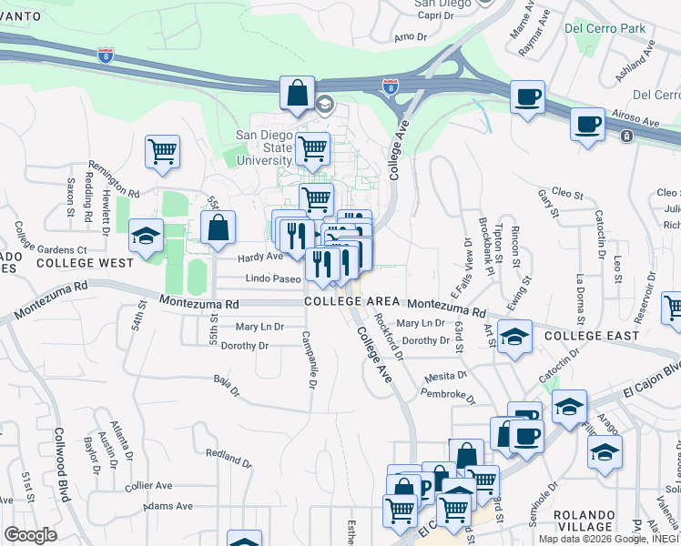 map of restaurants, bars, coffee shops, grocery stores, and more near 2 Montezuma Place in San Diego