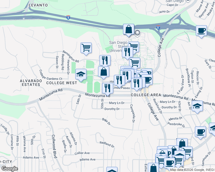 map of restaurants, bars, coffee shops, grocery stores, and more near 5566 Lindo Paseo in San Diego