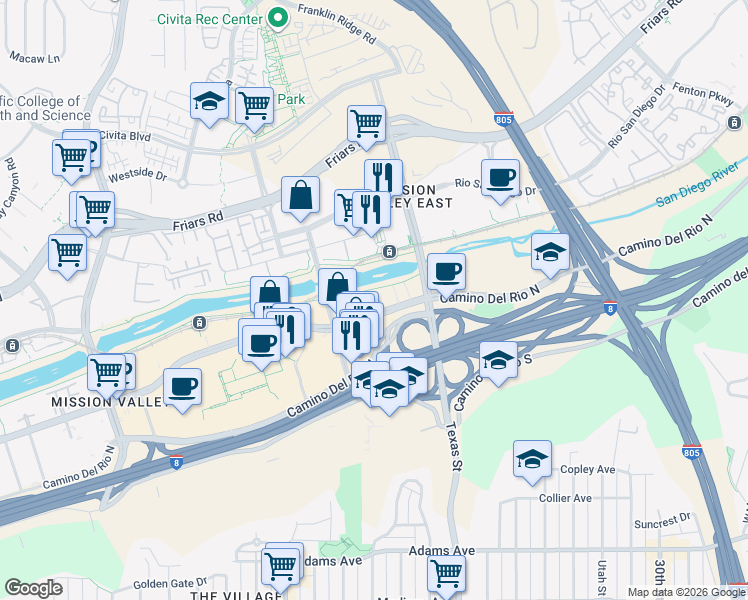 map of restaurants, bars, coffee shops, grocery stores, and more near 2250 Camino De La Reina in San Diego