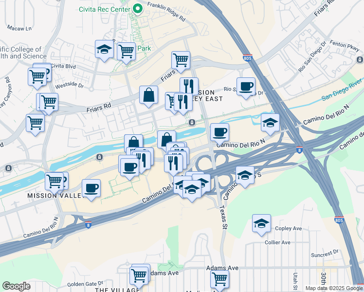 map of restaurants, bars, coffee shops, grocery stores, and more near 2250 Camino De La Reina in San Diego