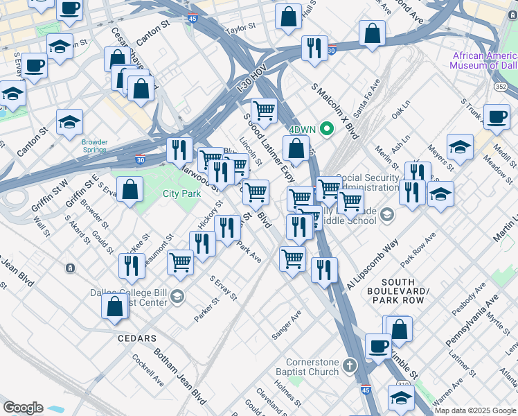 map of restaurants, bars, coffee shops, grocery stores, and more near 2102 North Corinth Street Road in Dallas