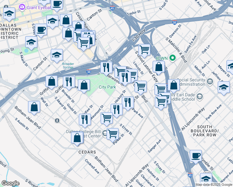map of restaurants, bars, coffee shops, grocery stores, and more near 1714 South Street Paul Street in Dallas