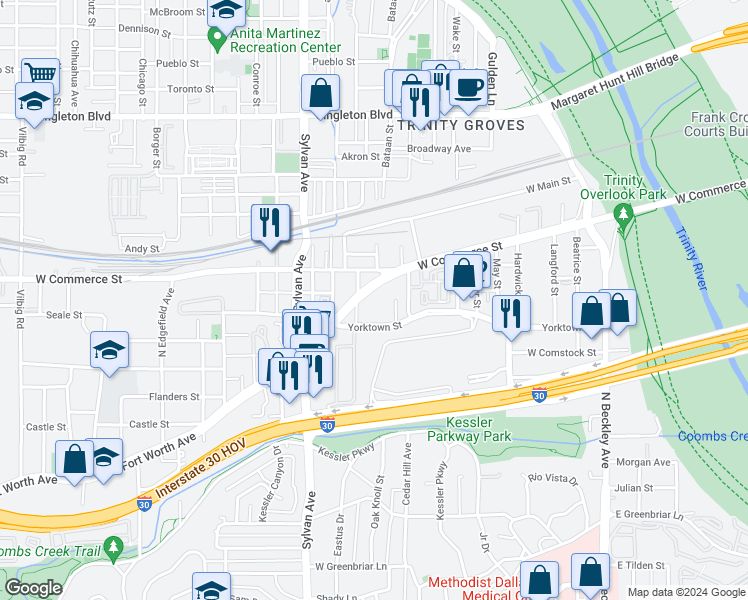map of restaurants, bars, coffee shops, grocery stores, and more near 604 Fort Worth Avenue in Dallas