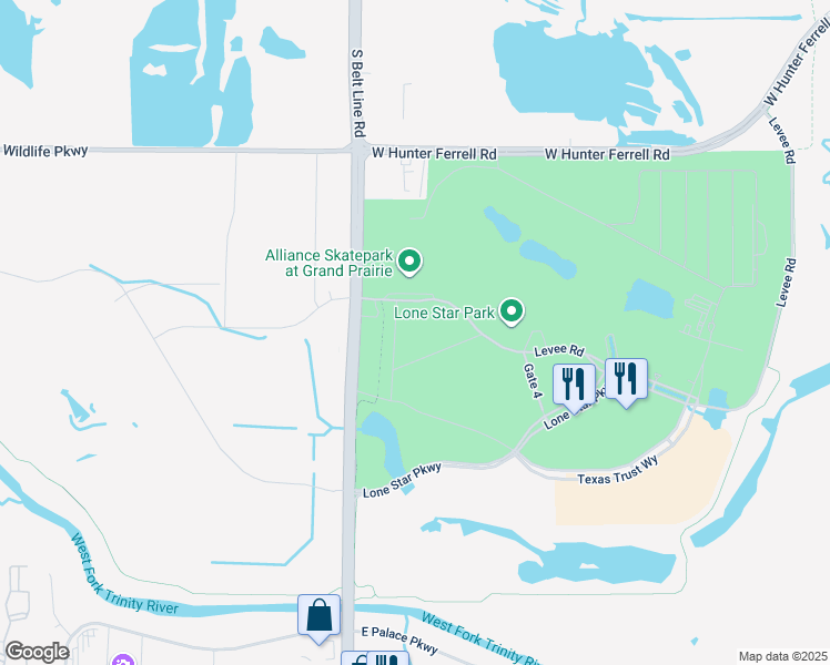map of restaurants, bars, coffee shops, grocery stores, and more near Lone Star Trail in Grand Prairie