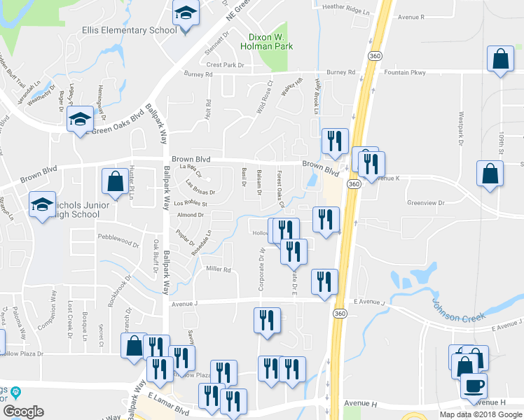map of restaurants, bars, coffee shops, grocery stores, and more near 2300 Balsam Drive in Arlington