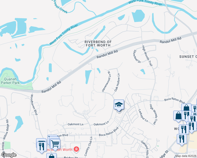 map of restaurants, bars, coffee shops, grocery stores, and more near 405 Oakmont Lane North in Fort Worth