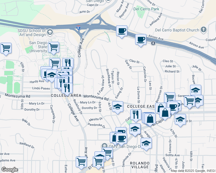 map of restaurants, bars, coffee shops, grocery stores, and more near 5144 Tipton Street in San Diego