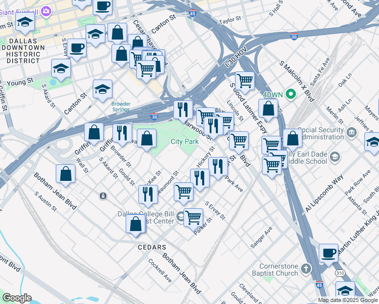 map of restaurants, bars, coffee shops, grocery stores, and more near 1714 South Street Paul Street in Dallas