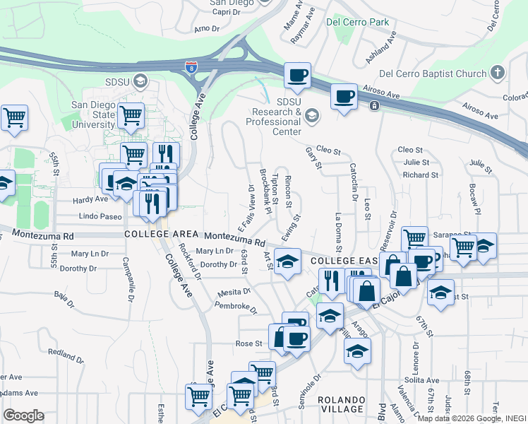 map of restaurants, bars, coffee shops, grocery stores, and more near 5144 Tipton Street in San Diego