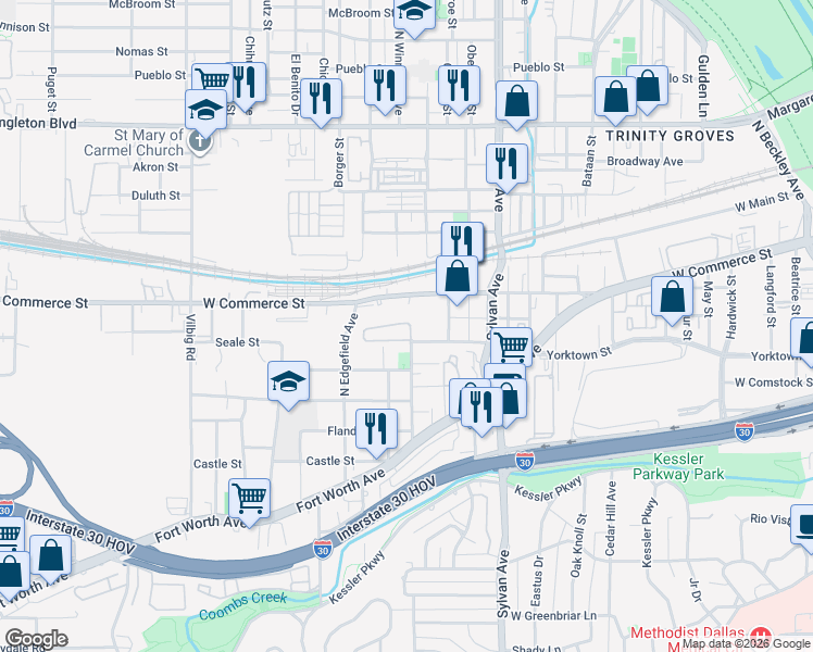 map of restaurants, bars, coffee shops, grocery stores, and more near 1159 Clifftop Lane in Dallas