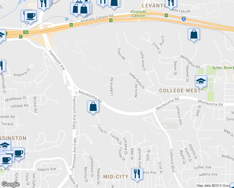 map of restaurants, bars, coffee shops, grocery stores, and more near 5261 Le Barron Road in San Diego