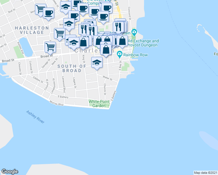 map of restaurants, bars, coffee shops, grocery stores, and more near 7 Atlantic Street in Charleston