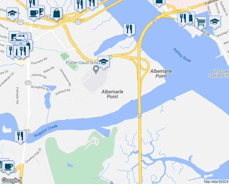 map of restaurants, bars, coffee shops, grocery stores, and more near 4 Albemarle Road in Charleston