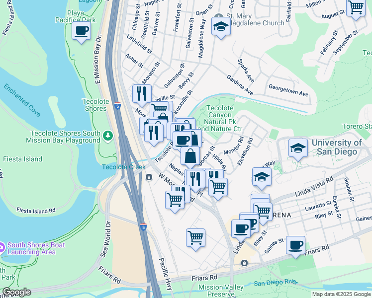 map of restaurants, bars, coffee shops, grocery stores, and more near 1312 Morena Boulevard in San Diego