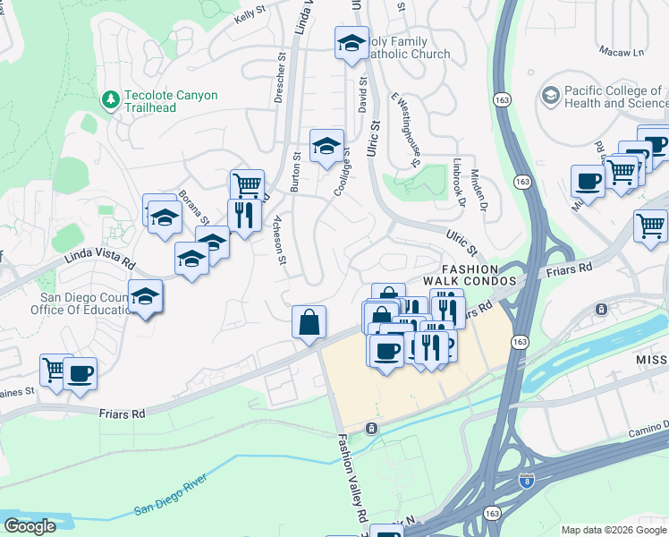 map of restaurants, bars, coffee shops, grocery stores, and more near 1418 Camino Zalce in San Diego