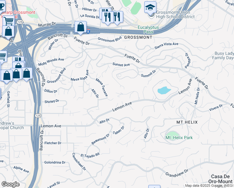 map of restaurants, bars, coffee shops, grocery stores, and more near 9601 Candy Lane in La Mesa