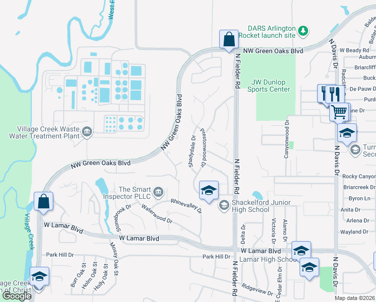 map of restaurants, bars, coffee shops, grocery stores, and more near 2212 Shadydale Dr in Arlington