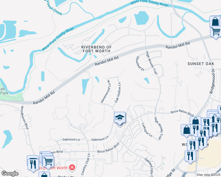 map of restaurants, bars, coffee shops, grocery stores, and more near 413 Havenwood Lane North in Fort Worth