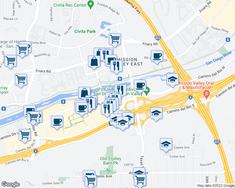 map of restaurants, bars, coffee shops, grocery stores, and more near 1950 Camino De La Reina in San Diego