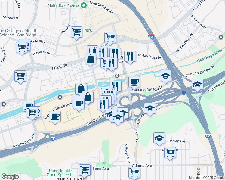 map of restaurants, bars, coffee shops, grocery stores, and more near 2220 Camino De La Reina in San Diego