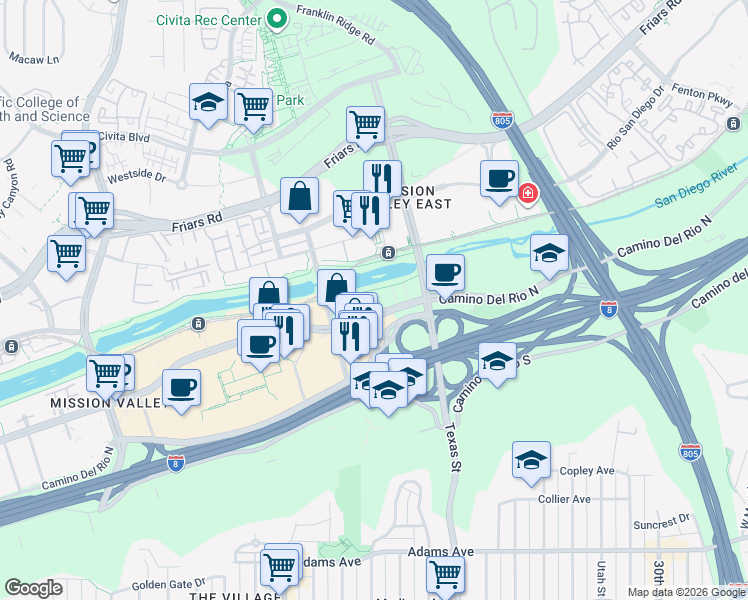 map of restaurants, bars, coffee shops, grocery stores, and more near 2250 Camino De La Reina in San Diego