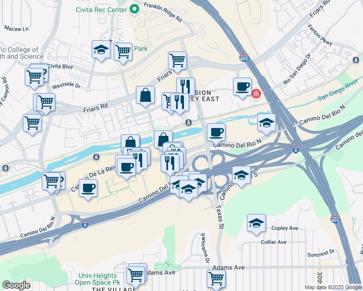 map of restaurants, bars, coffee shops, grocery stores, and more near 1950 Camino De La Reina in San Diego