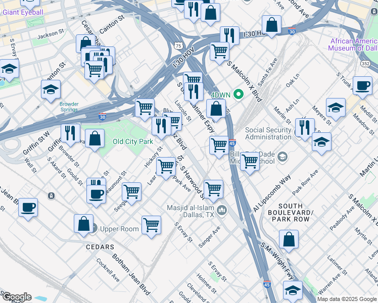 map of restaurants, bars, coffee shops, grocery stores, and more near 2111 Corinth Street in Dallas