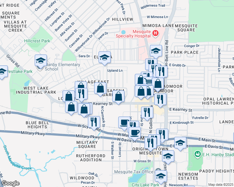map of restaurants, bars, coffee shops, grocery stores, and more near 521 Harvard Street in Mesquite
