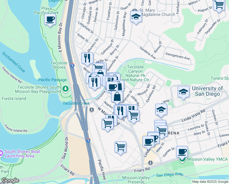 map of restaurants, bars, coffee shops, grocery stores, and more near 1206 Viola Street in San Diego