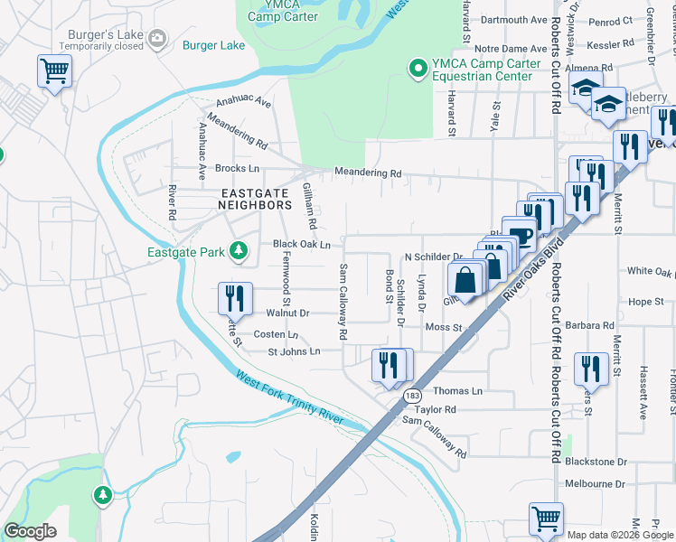 map of restaurants, bars, coffee shops, grocery stores, and more near 817 Black Oak Lane in Fort Worth