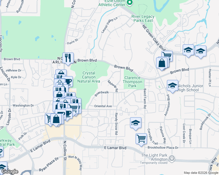 map of restaurants, bars, coffee shops, grocery stores, and more near 2310 Midway Road in Arlington