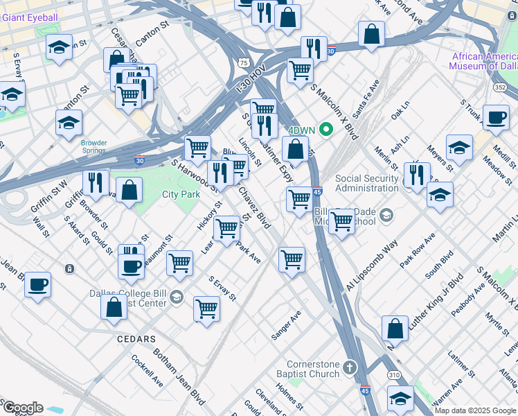 map of restaurants, bars, coffee shops, grocery stores, and more near 2111 Corinth Street in Dallas