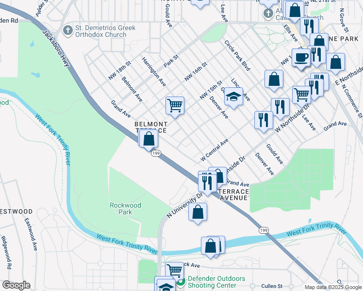 map of restaurants, bars, coffee shops, grocery stores, and more near 1211 Northwest 14th Street in Fort Worth