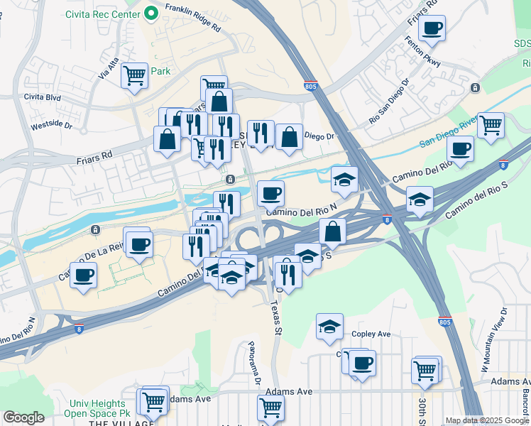 map of restaurants, bars, coffee shops, grocery stores, and more near 2315 Camino Del Rio North in San Diego